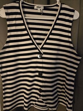 DKNY Black and White Striped V-Neck Button Tank Top
